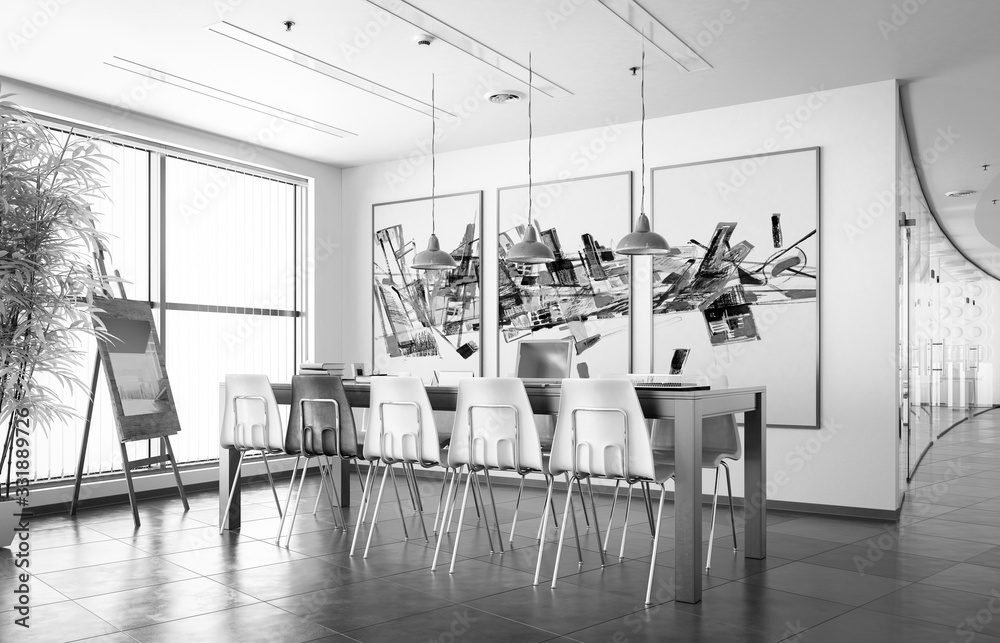 Office Meating Area - black and white 3d visualization