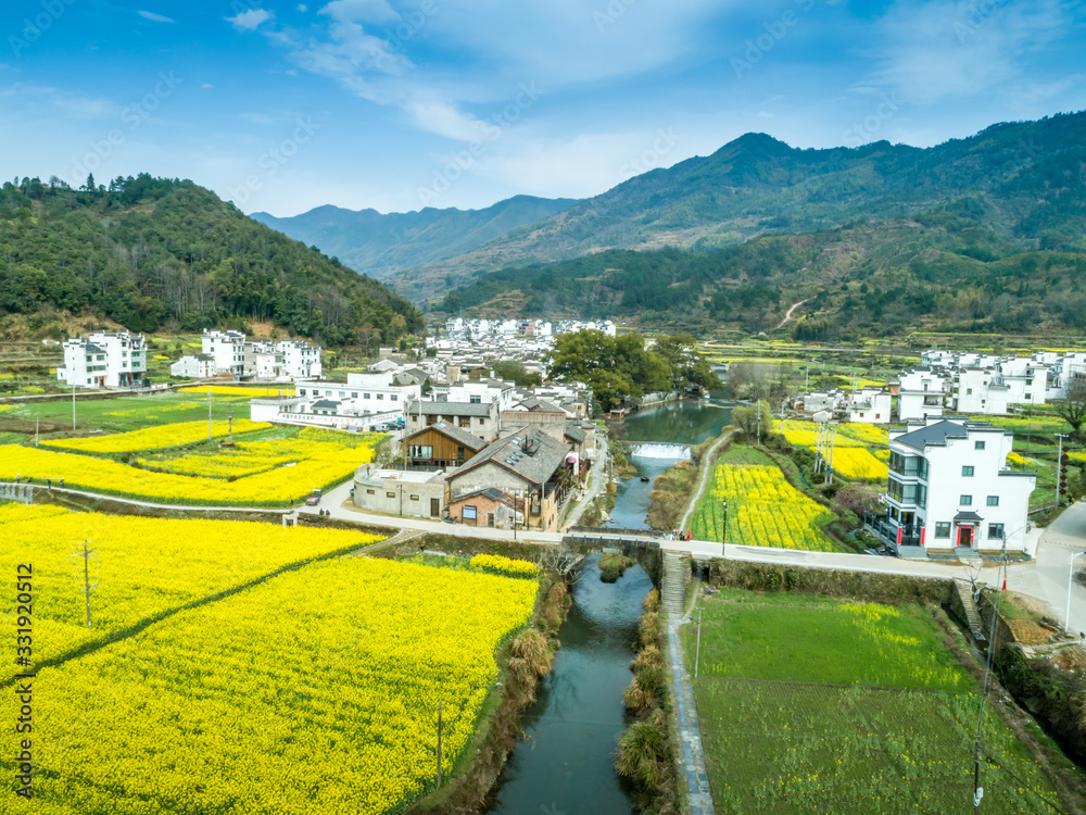 Ancient rural rapeseed flowers in spring, Hongguan Village, Wuyuan, Jiangxi