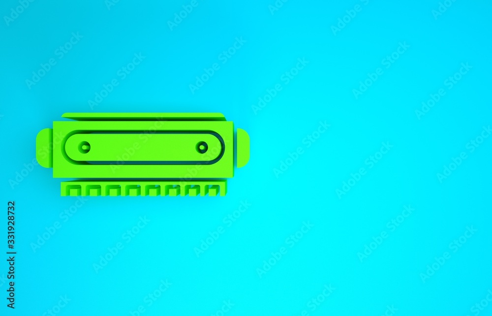 Green Harmonica icon isolated on blue background. Musical instrument. Minimalism concept. 3d illustr