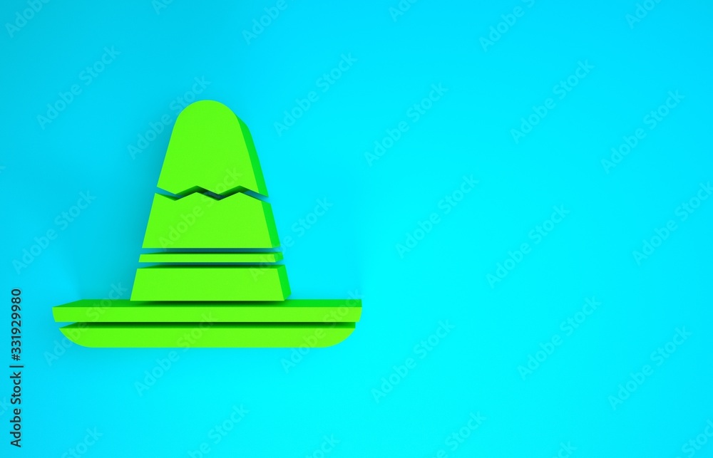 Green Traditional mexican sombrero hat icon isolated on blue background. Minimalism concept. 3d illu