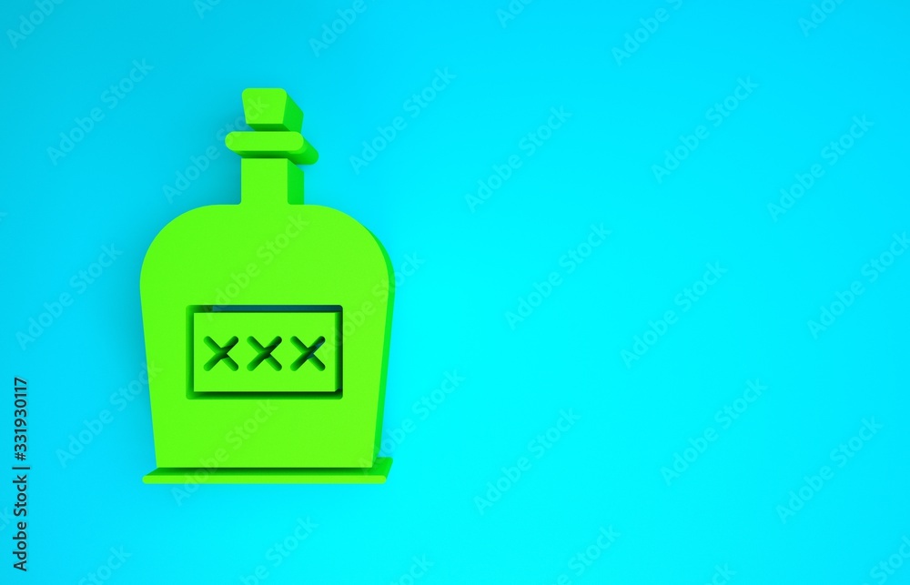 Green Alcohol drink Rum bottle icon isolated on blue background. Minimalism concept. 3d illustration