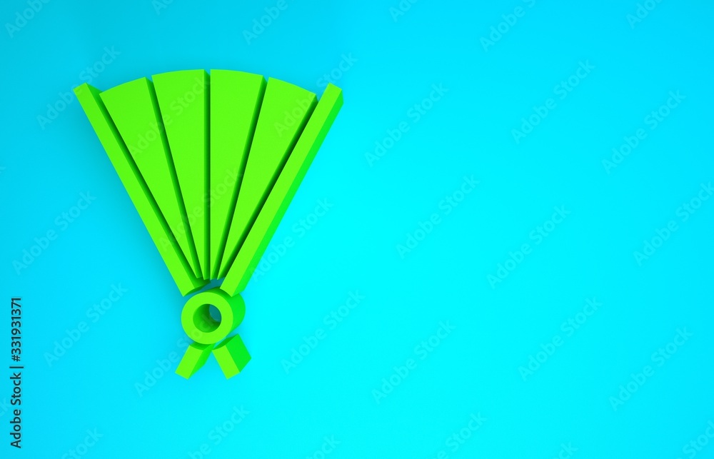 Green Traditional paper chinese or japanese folding fan icon isolated on blue background. Minimalism