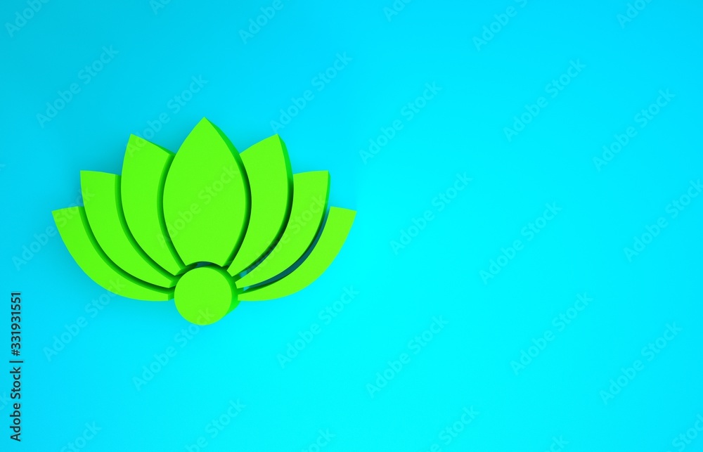 Green Lotus flower icon isolated on blue background. Minimalism concept. 3d illustration 3D render