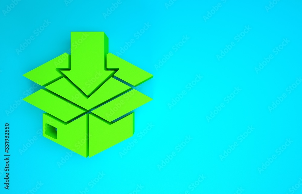 Green Cardboard box with traffic symbol icon isolated on blue background. Box, package, parcel. Deli