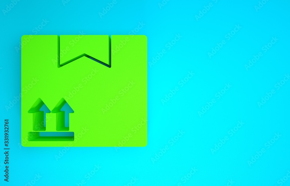 Green Cardboard box with traffic symbol icon isolated on blue background. Box, package, parcel. Deli