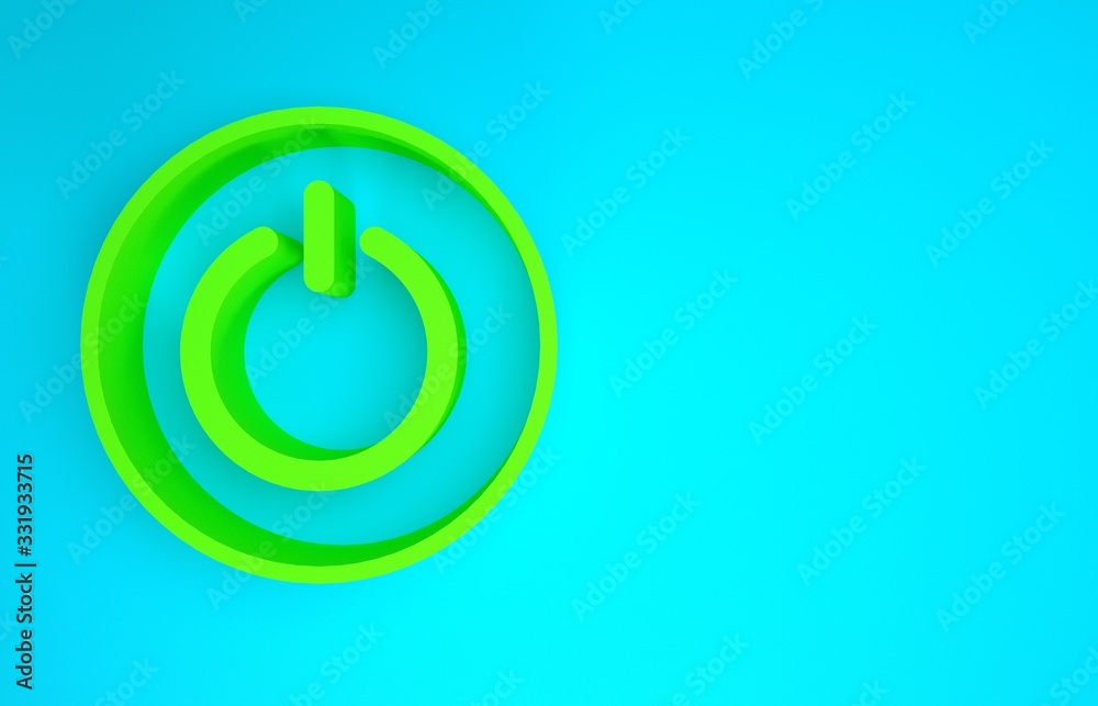 Green Power button icon isolated on blue background. Start sign. Minimalism concept. 3d illustration