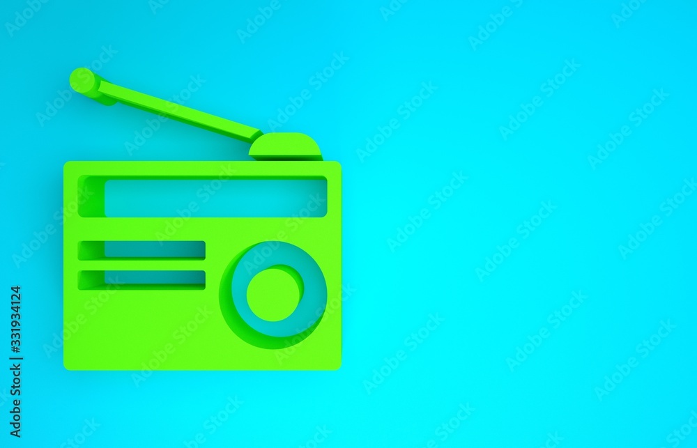 Green Radio with antenna icon isolated on blue background. Minimalism concept. 3d illustration 3D re