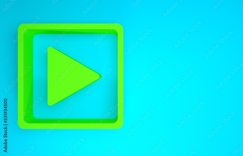 Green Play in square icon isolated on blue background. Minimalism concept. 3d illustration 3D render