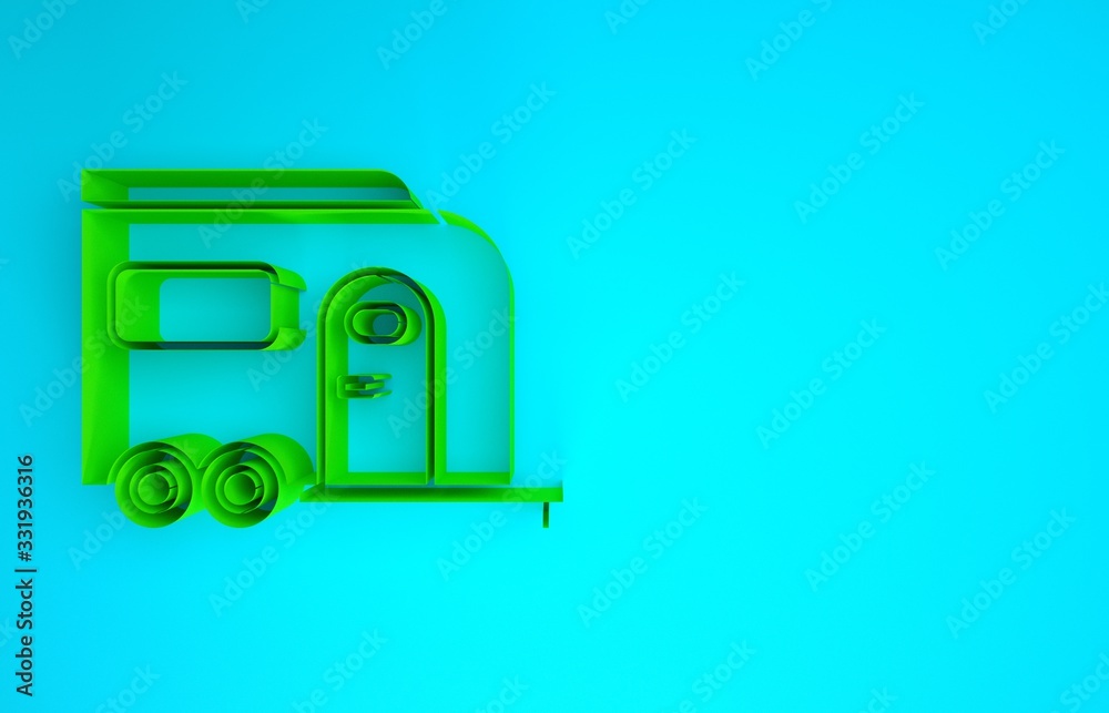 Green Rv Camping trailer icon isolated on blue background. Travel mobile home, caravan, home camper 