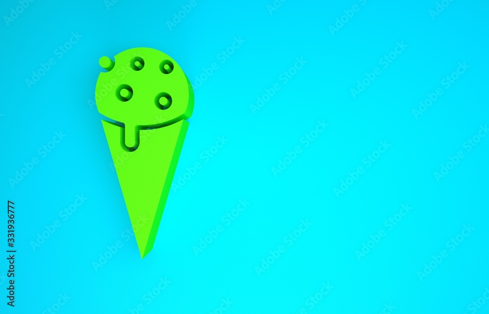 Green Ice cream in waffle cone icon isolated on blue background. Sweet symbol. Minimalism concept. 3