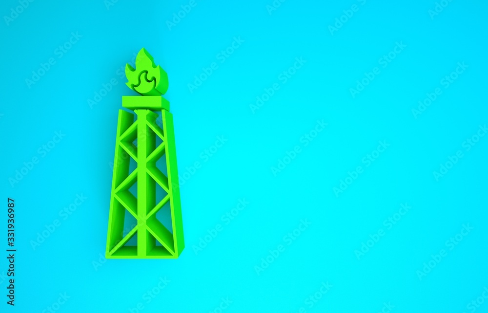 Green Oil rig with fire icon isolated on blue background. Gas tower. Industrial object. Minimalism c