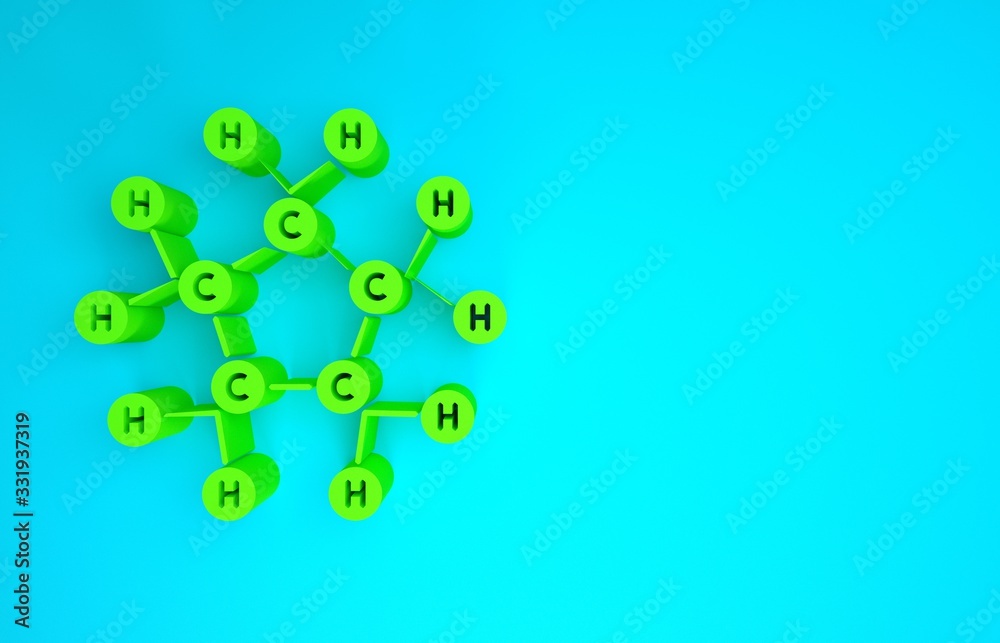 Green Molecule oil icon isolated on blue background. Structure of molecules in chemistry. Minimalism