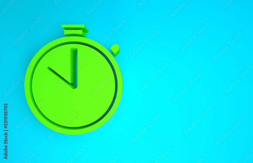 Green Stopwatch icon isolated on blue background. Time timer sign. Chronometer sign. Minimalism conc