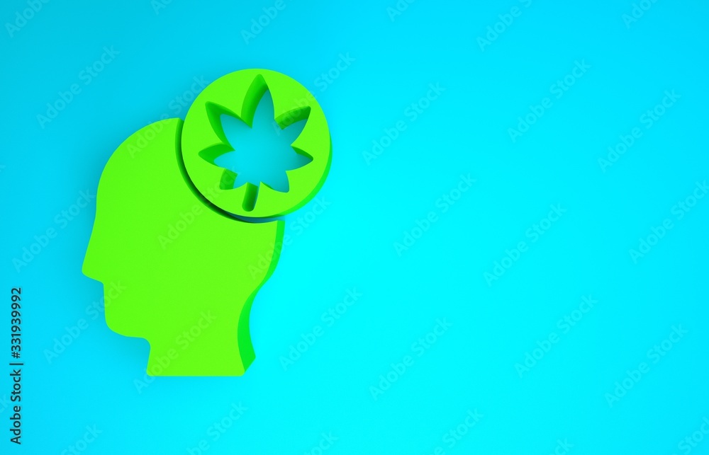 Green Human head with leaf icon isolated on blue background. Minimalism concept. 3d illustration 3D 