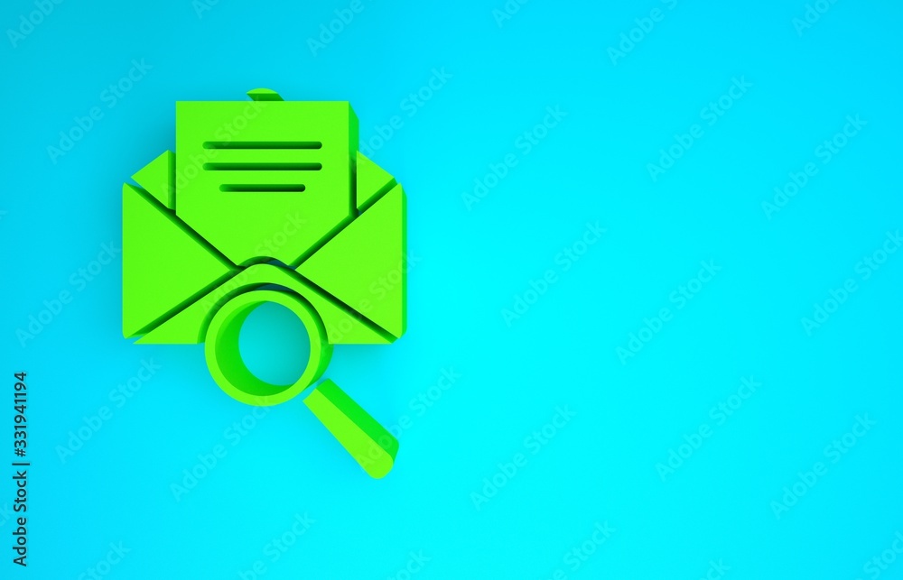 Green Envelope mail with magnifying glass icon isolated on blue background. Minimalism concept. 3d i