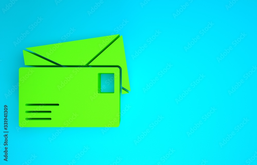 Green Envelope icon isolated on blue background. Email message letter symbol. Minimalism concept. 3d