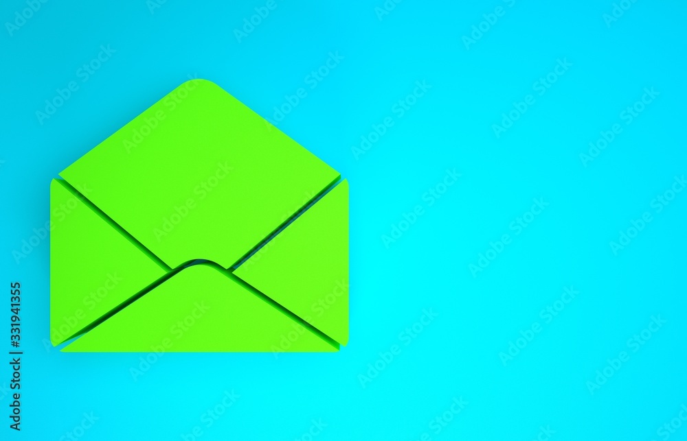 Green Envelope icon isolated on blue background. Email message letter symbol. Minimalism concept. 3d