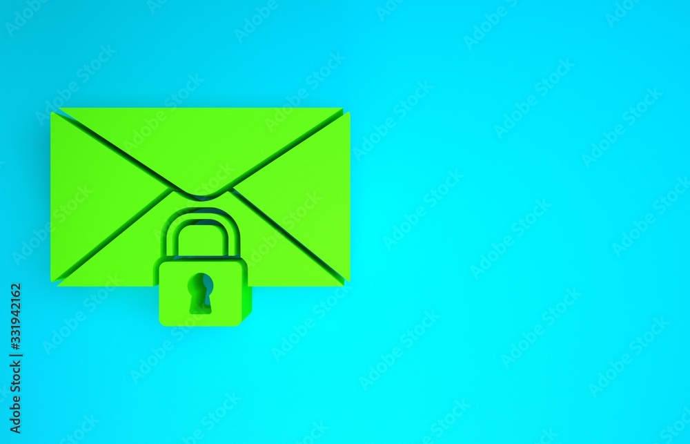 Green Mail message lock password icon isolated on blue background. Envelope with padlock. Private, s