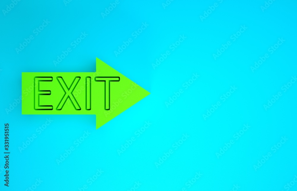 Green Fire exit icon isolated on blue background. Fire emergency icon. Minimalism concept. 3d illust