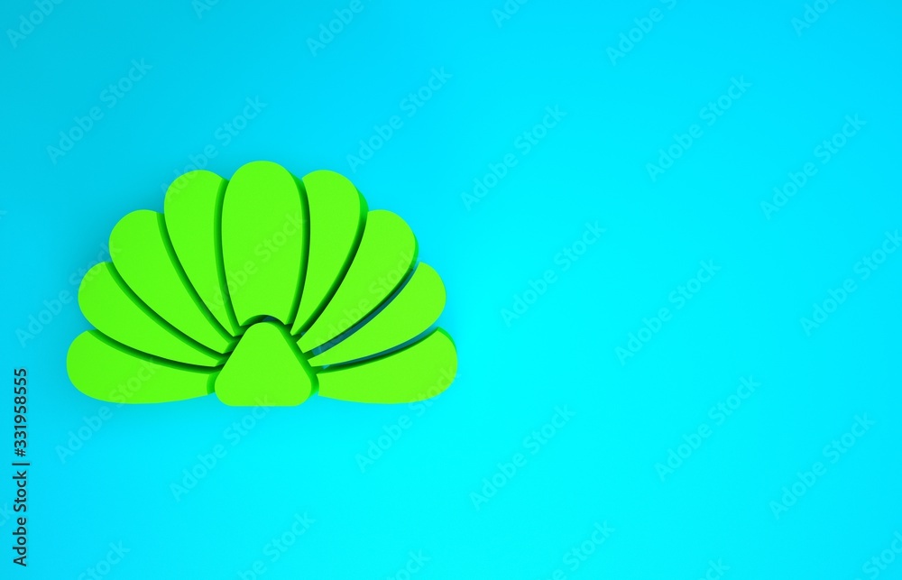 Green Scallop sea shell icon isolated on blue background. Seashell sign.Minimalism concept. 3d illus