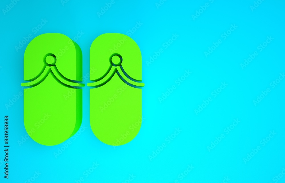 Green Flip flops icon isolated on blue background. Beach slippers sign. Minimalism concept. 3d illus