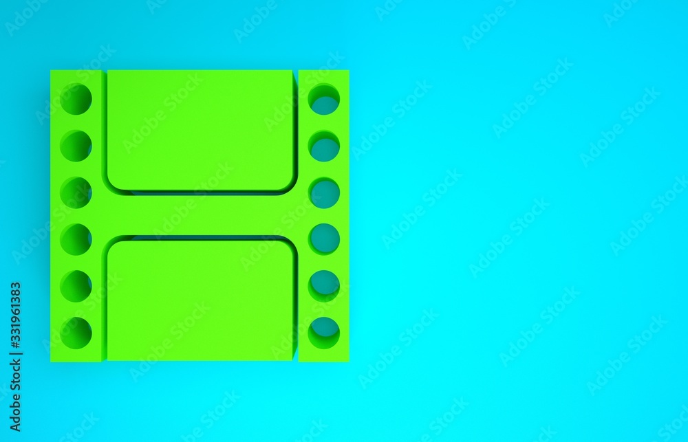 Green Play Video icon isolated on blue background. Film strip sign. Minimalism concept. 3d illustrat