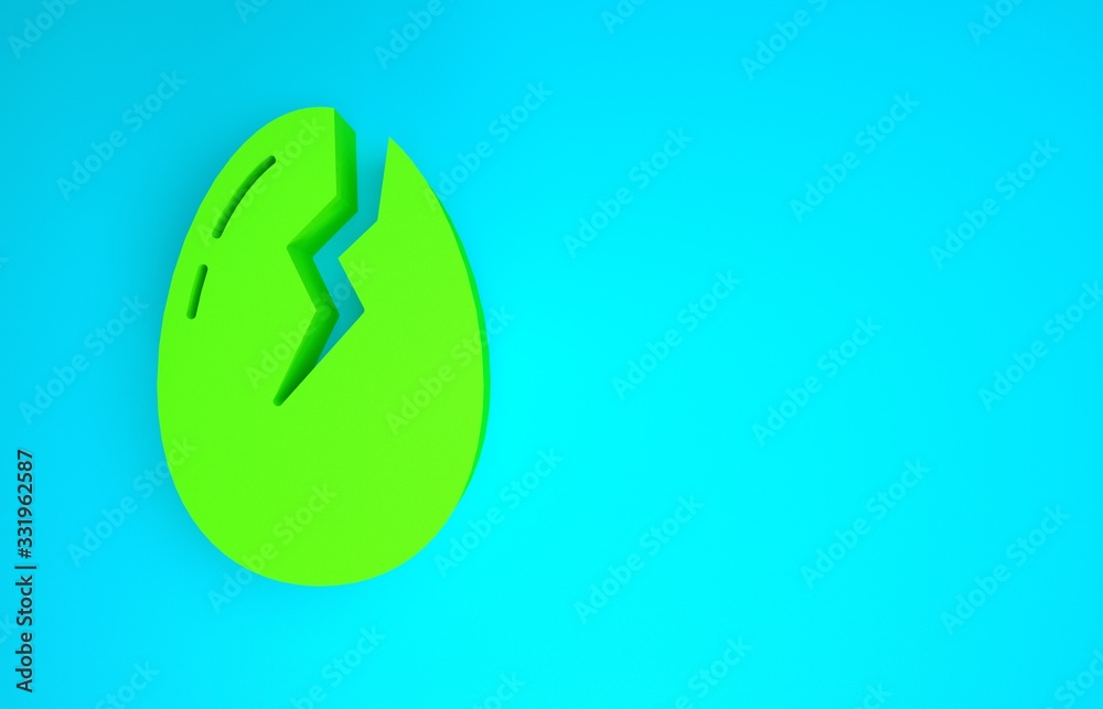 Green Broken egg icon isolated on blue background. Happy Easter. Minimalism concept. 3d illustration