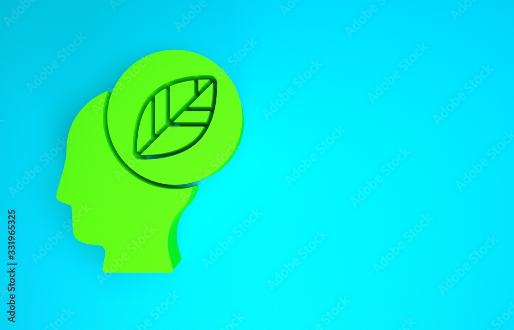 Green Human head with leaf inside icon isolated on blue background. Minimalism concept. 3d illustrat