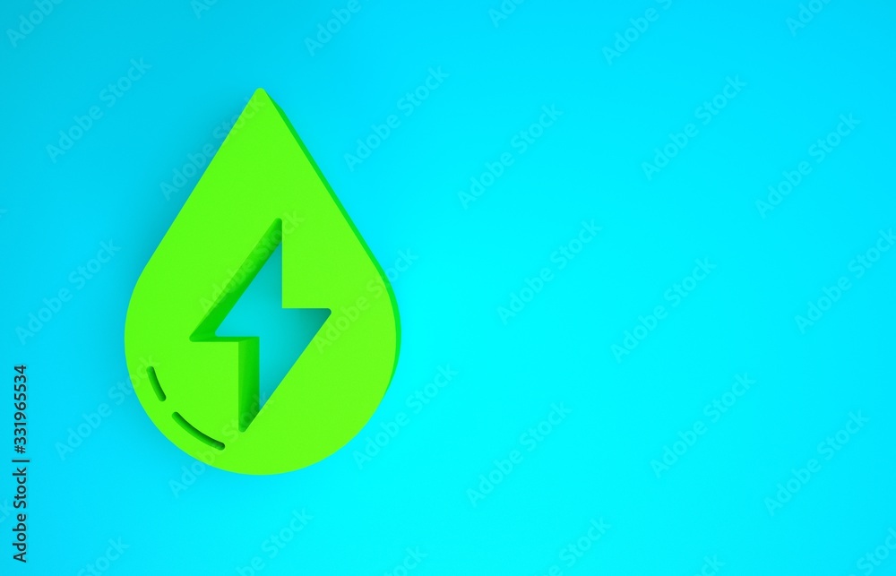 Green Water energy icon isolated on blue background. Ecology concept with water droplet. Alternative