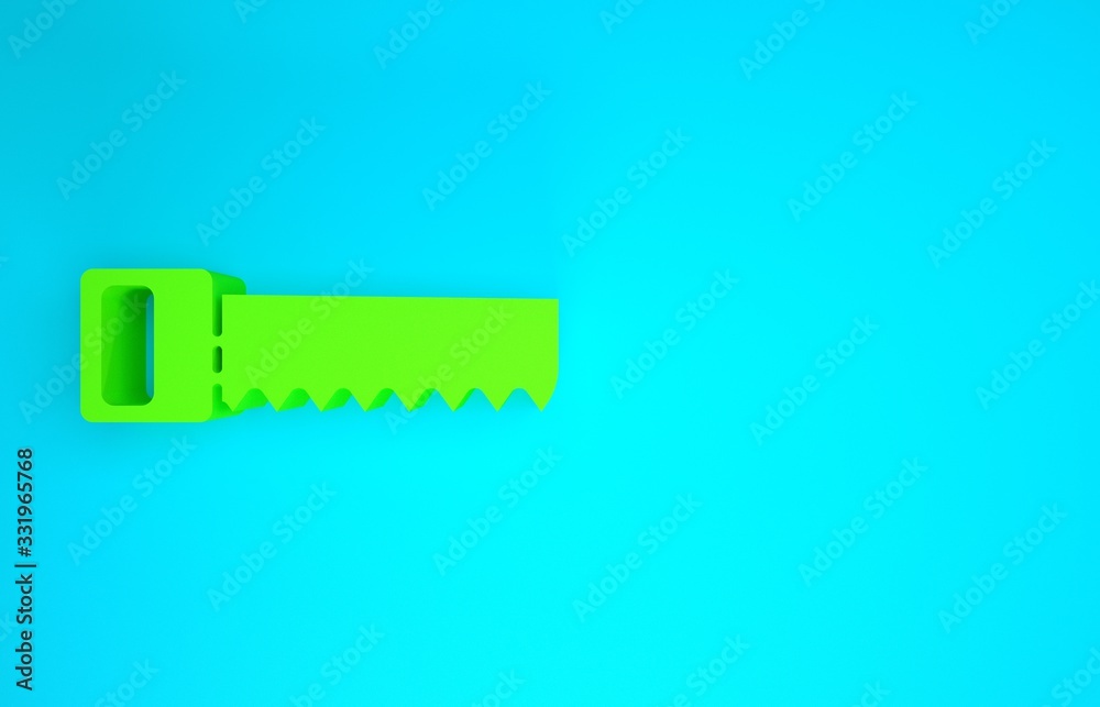 Green Hand saw icon isolated on blue background. Minimalism concept. 3d illustration 3D render