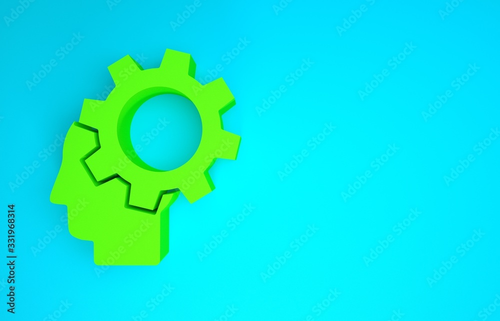 Green Human head with gear inside icon isolated on blue background. Artificial intelligence. Thinkin