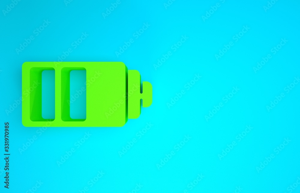 Green Battery charge level indicator icon isolated on blue background. Minimalism concept. 3d illust