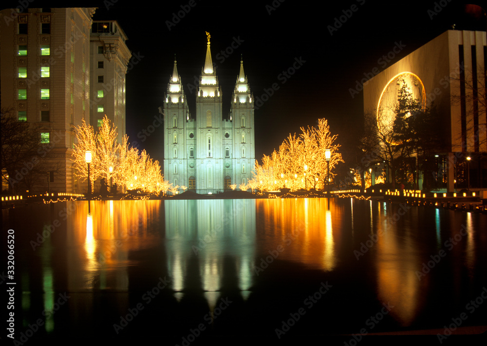 Historic Temple and Square in Salt Lake City at night, during 2002 Winter Olympics, UT