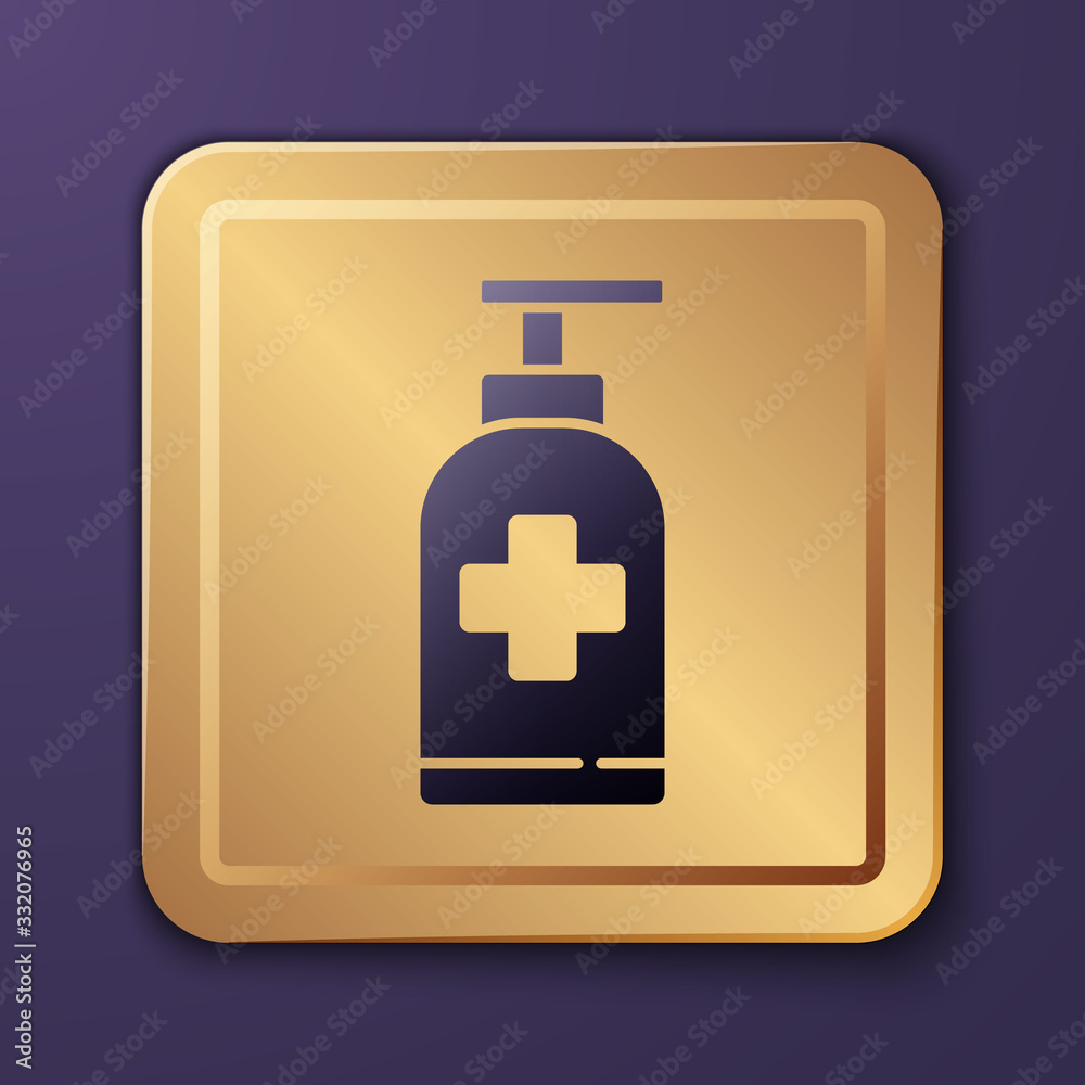 Purple Bottle of liquid antibacterial soap with dispenser icon isolated on purple background. Antise