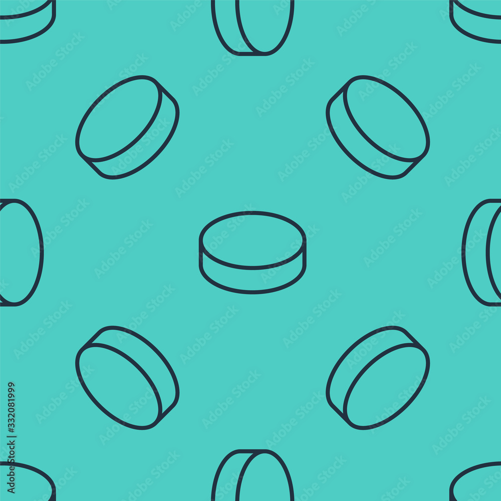 Black line Hockey puck icon isolated seamless pattern on green background.  Vector Illustration