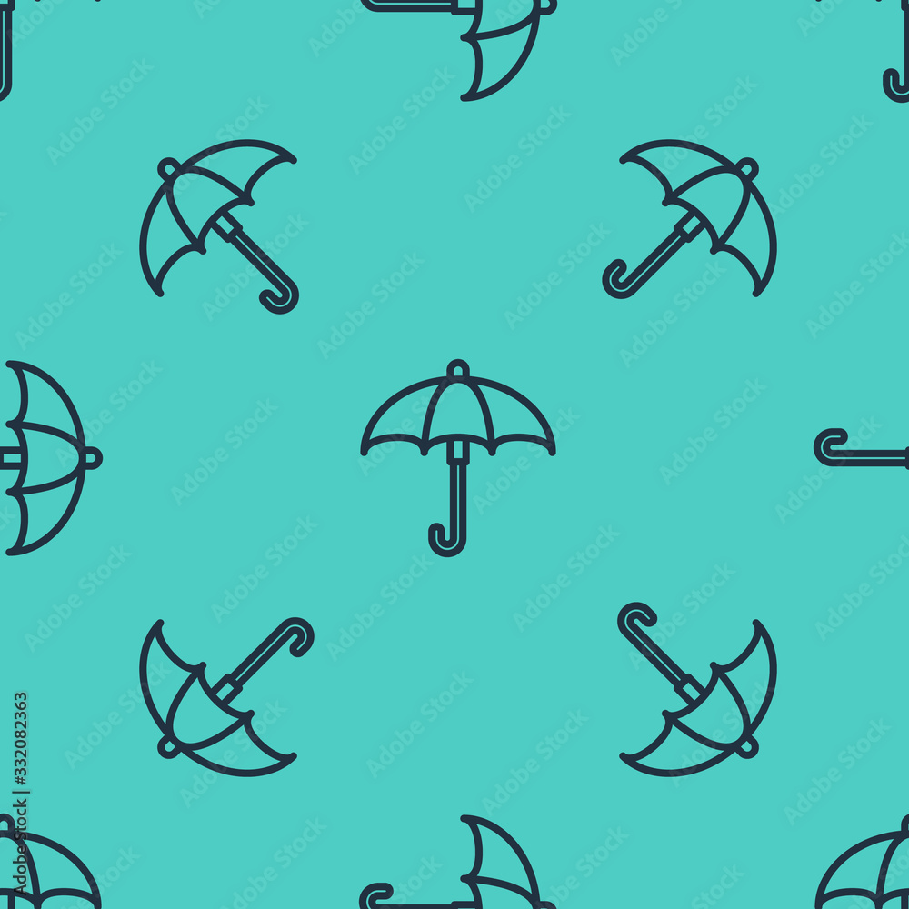 Black line Classic elegant opened umbrella icon isolated seamless pattern on green background. Rain 