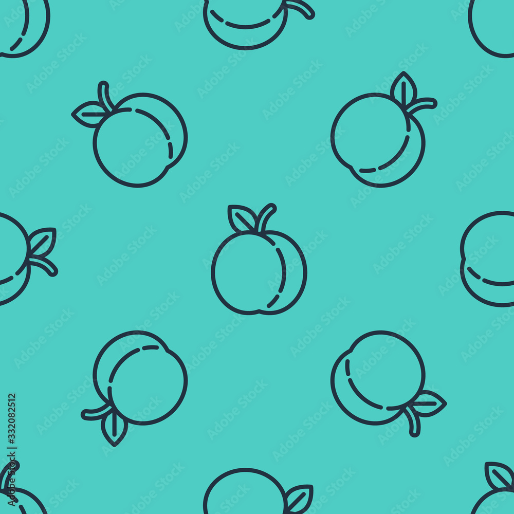 Black line Peach fruit or nectarine with leaf icon isolated seamless pattern on green background.  V