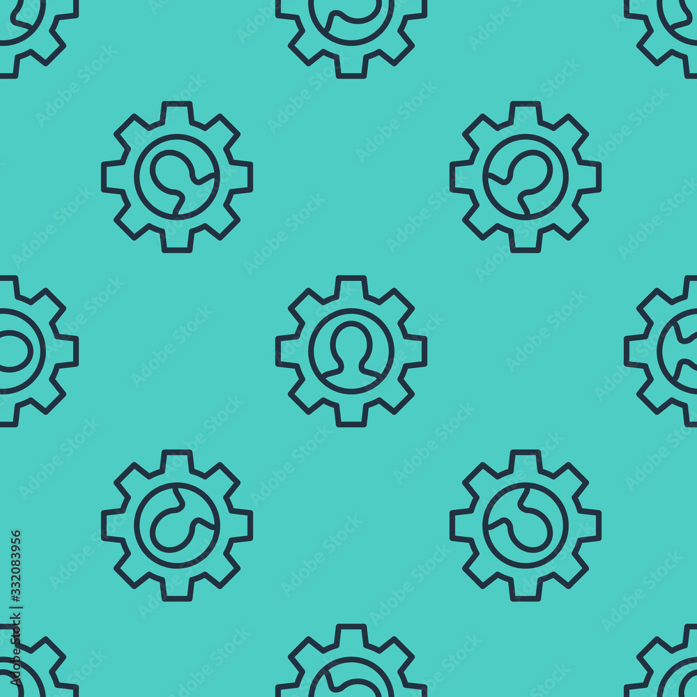 Black line Human with gear inside icon isolated seamless pattern on green background. Artificial int