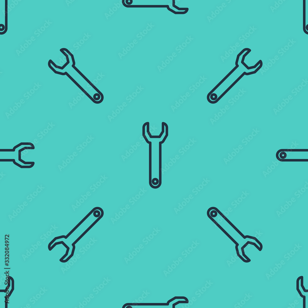 Black line Wrench spanner icon isolated seamless pattern on green background. Vector Illustration