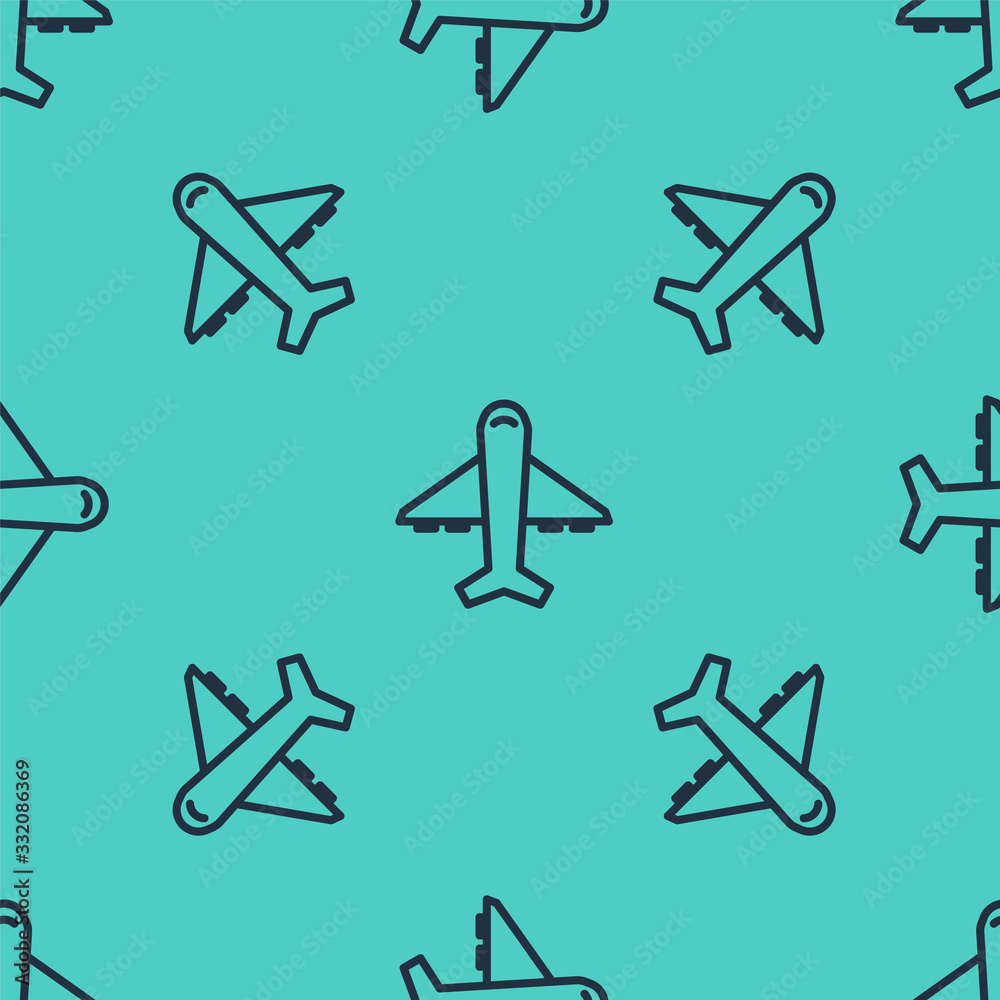 Black line Plane icon isolated seamless pattern on green background. Flying airplane icon. Airliner 