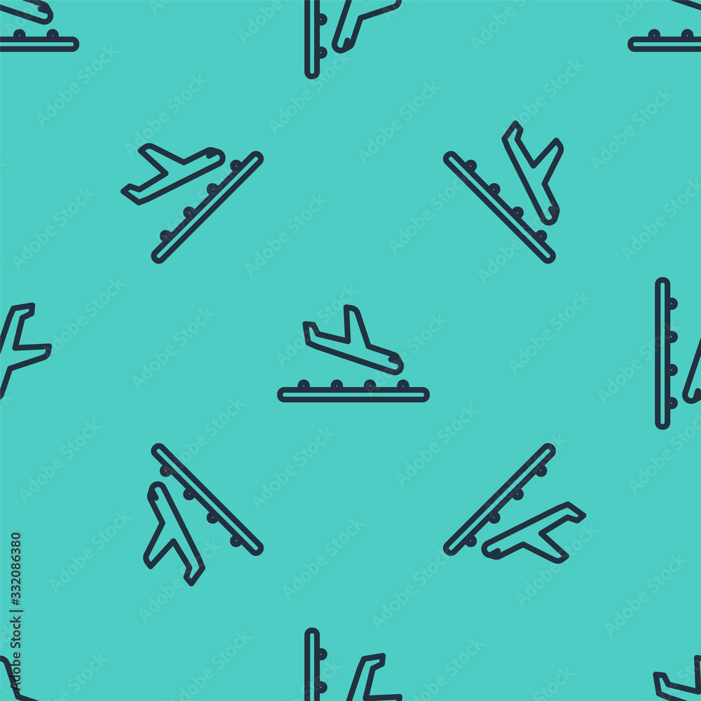 Black line Plane landing icon isolated seamless pattern on green background. Airplane transport symb