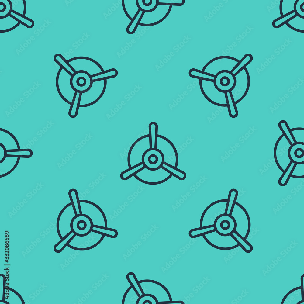 Black line Plane propeller icon isolated seamless pattern on green background. Vintage aircraft prop