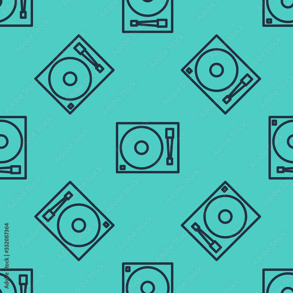 Black line Vinyl player with a vinyl disk icon isolated seamless pattern on green background. Vector