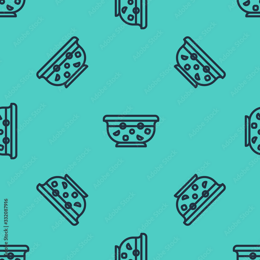 Black line Mixed punch with fresh fruits in bowl icon isolated seamless pattern on green background.