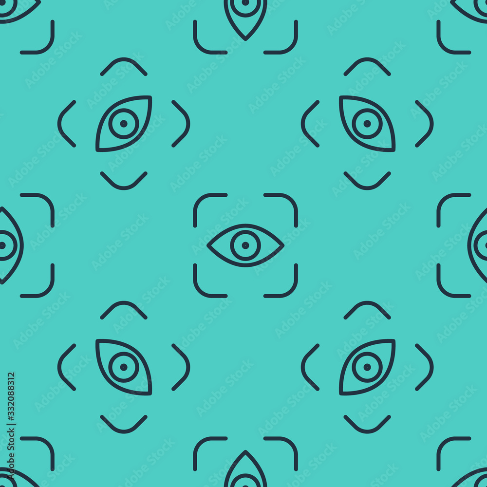 Black line Eye scan icon isolated seamless pattern on green background. Scanning eye. Security check