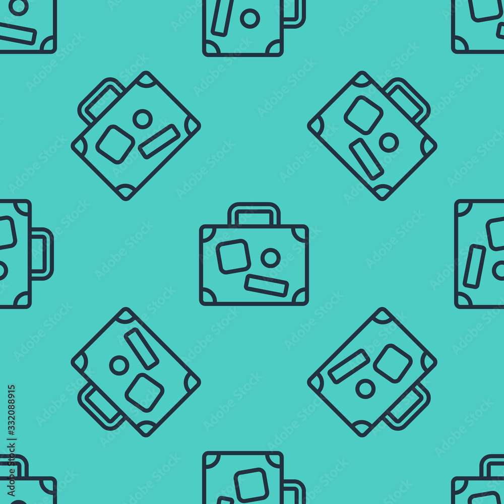 Black line Suitcase for travel icon isolated seamless pattern on green background. Traveling baggage