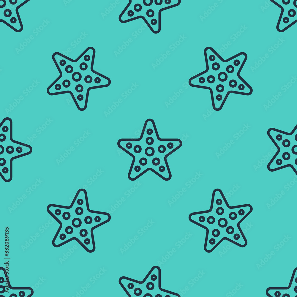 Black line Starfish icon isolated seamless pattern on green background. Vector Illustration