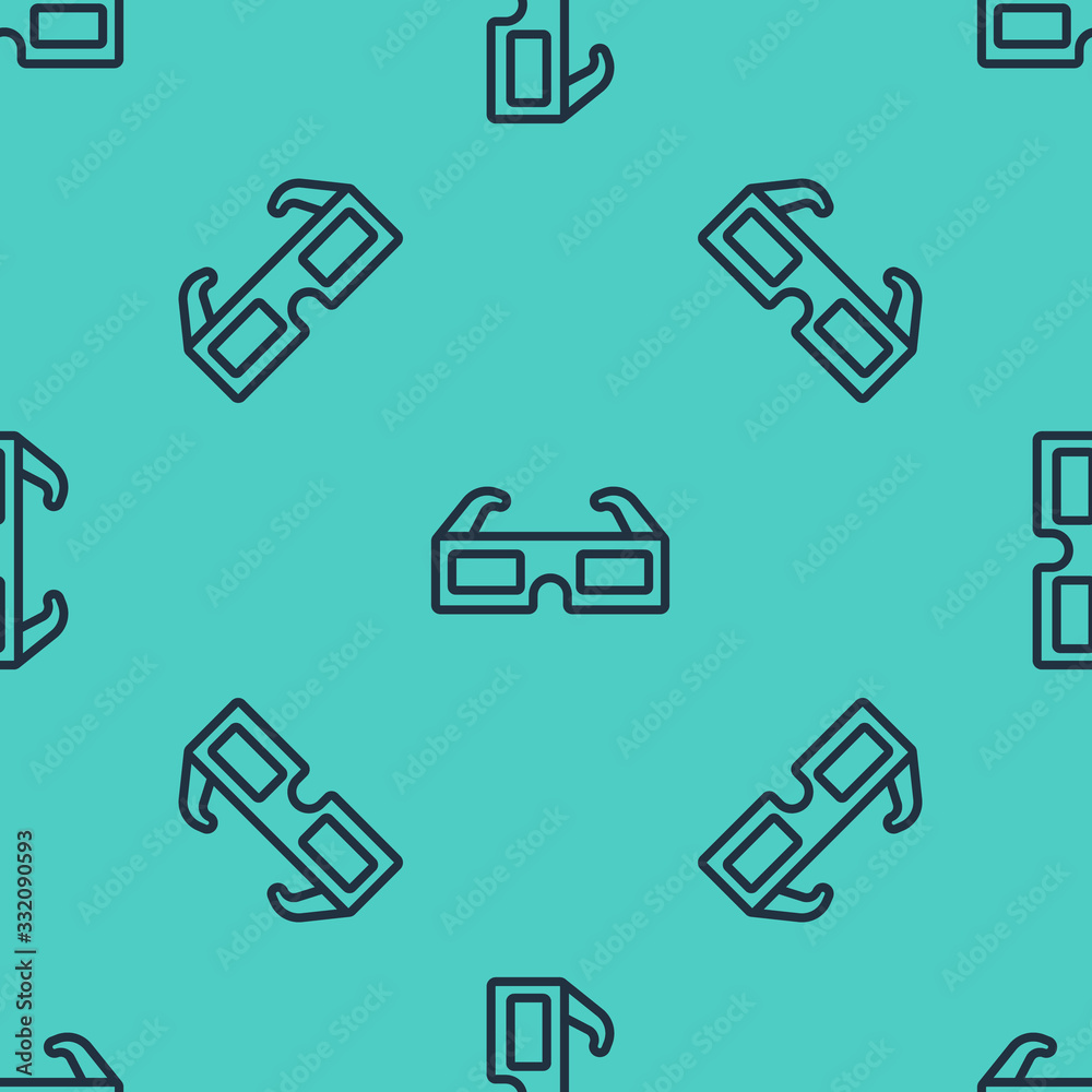 Black line 3D cinema glasses icon isolated seamless pattern on green background. Vector Illustration