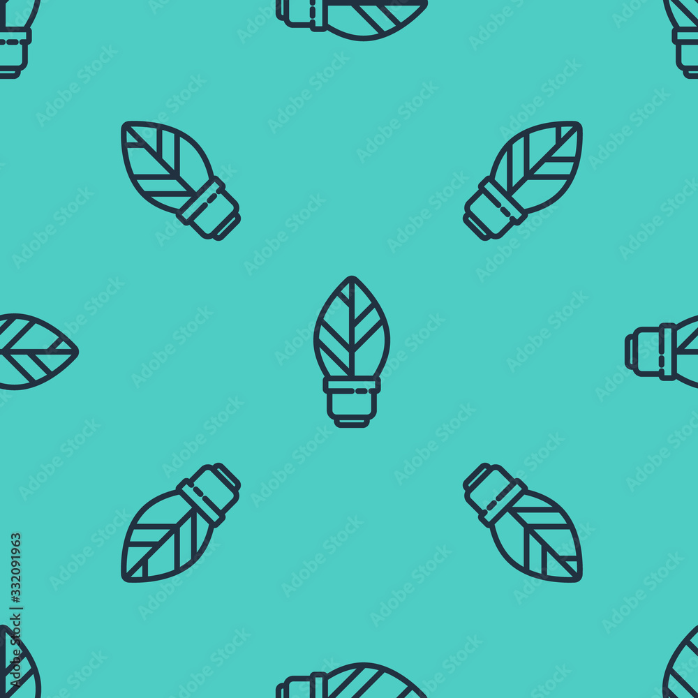 Black line Light bulb with leaf icon isolated seamless pattern on green background. Eco energy conce