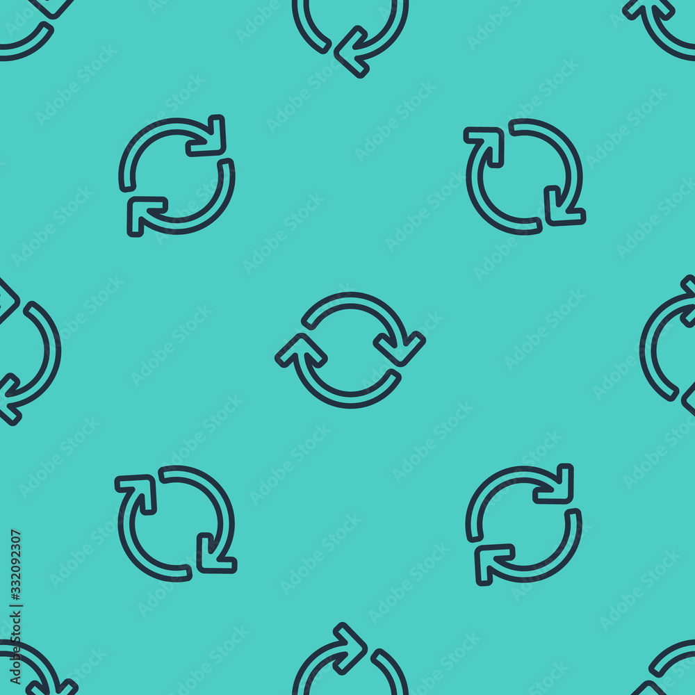 Black line Refresh icon isolated seamless pattern on green background. Reload symbol. Rotation arrow